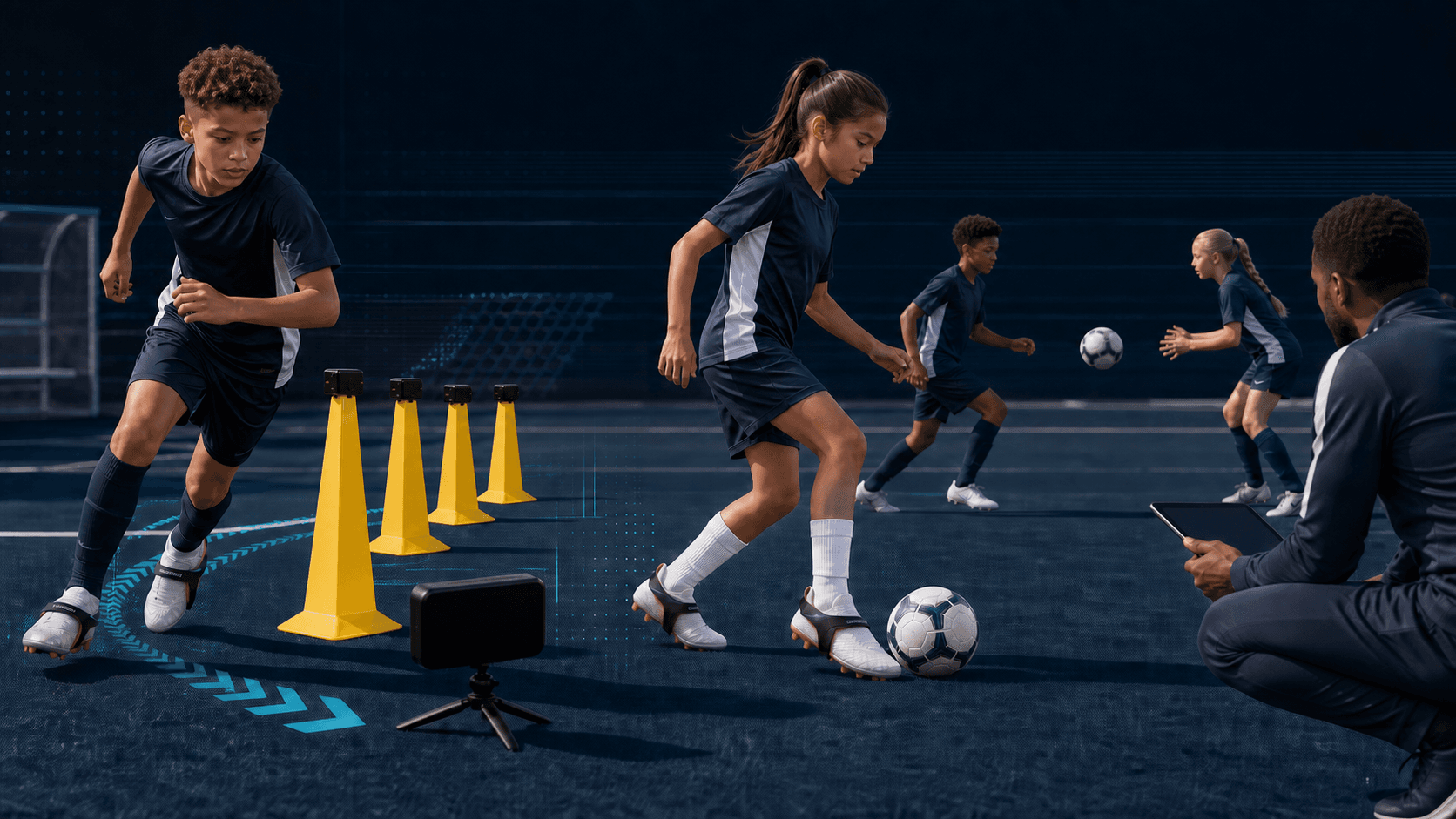 Youth athletes using speed gates and foot-mounted sensors during a structured soccer development session