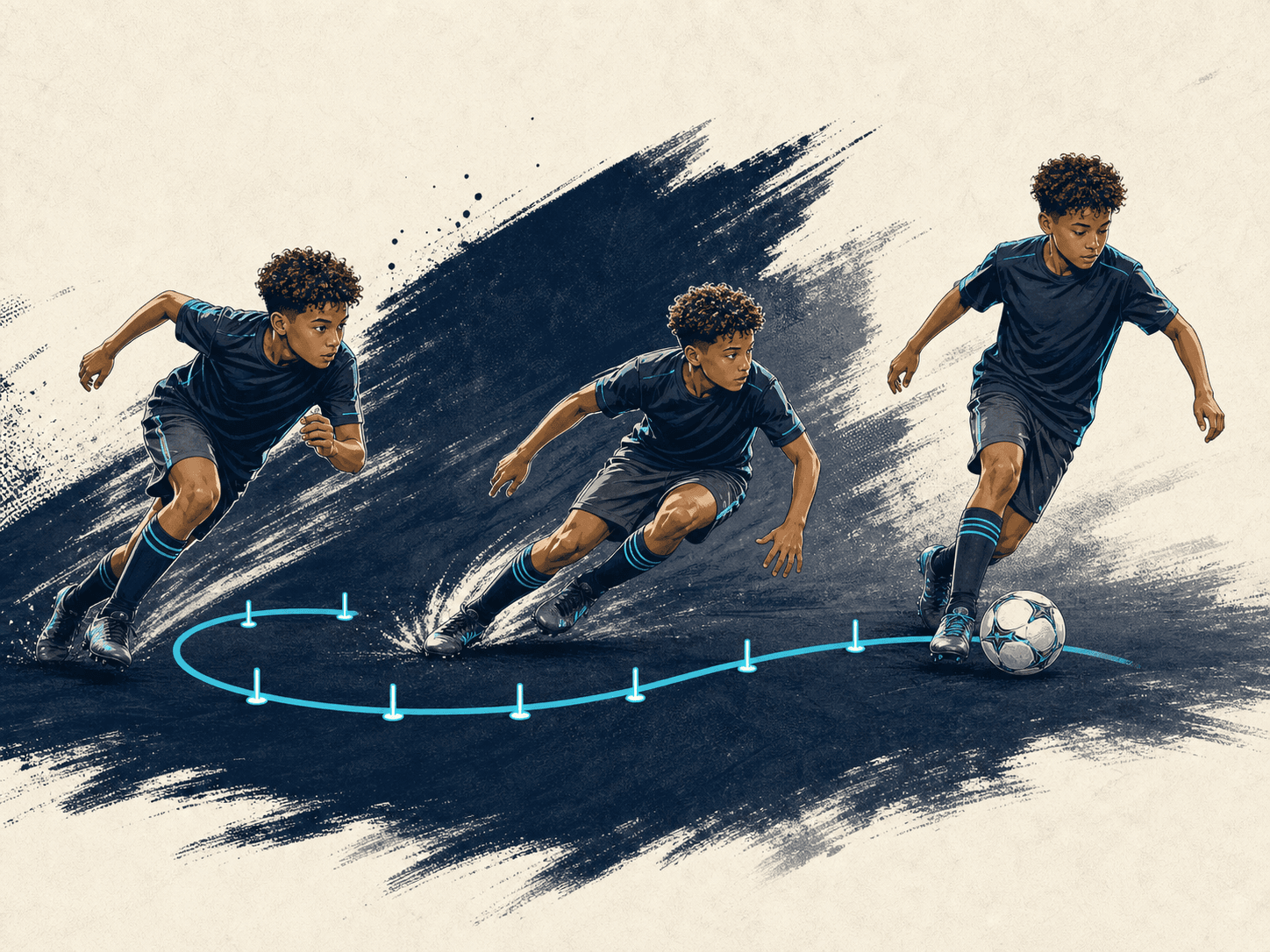Youth athlete shown progressing through acceleration, change of direction, and ball work
