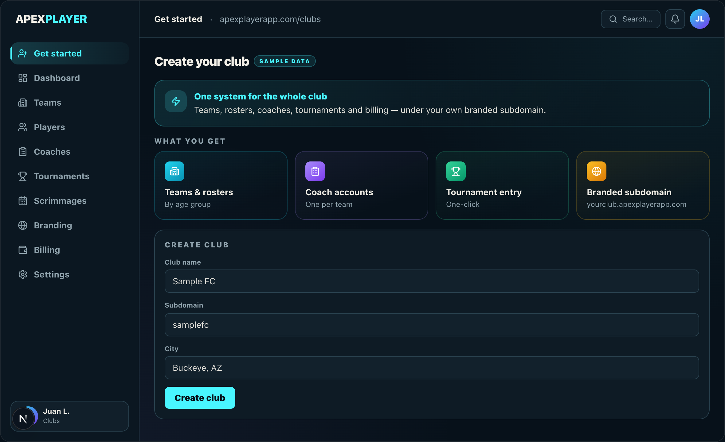 Create your club — sample screen
