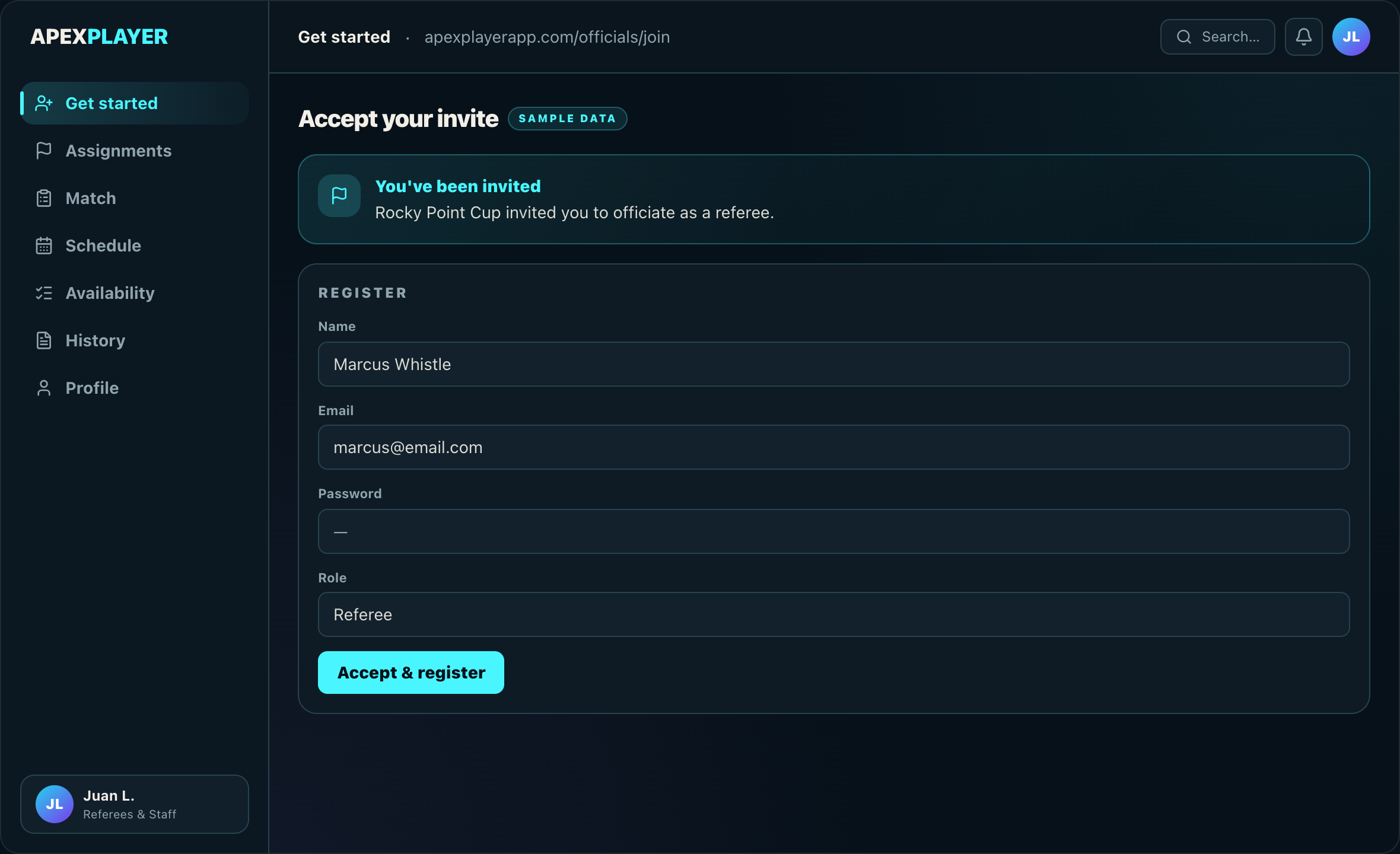 Accept your invite — sample screen