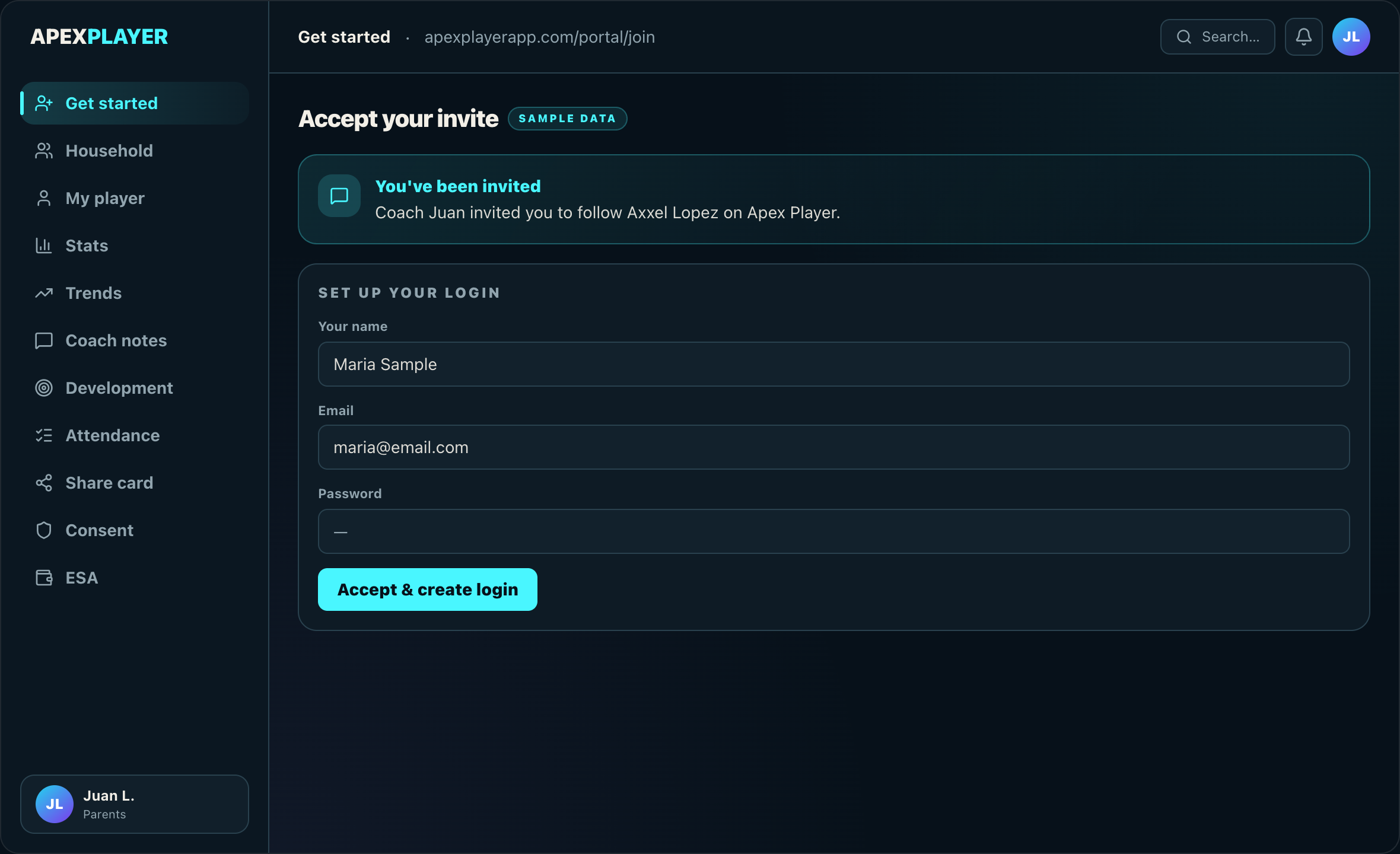 Accept your invite — sample screen