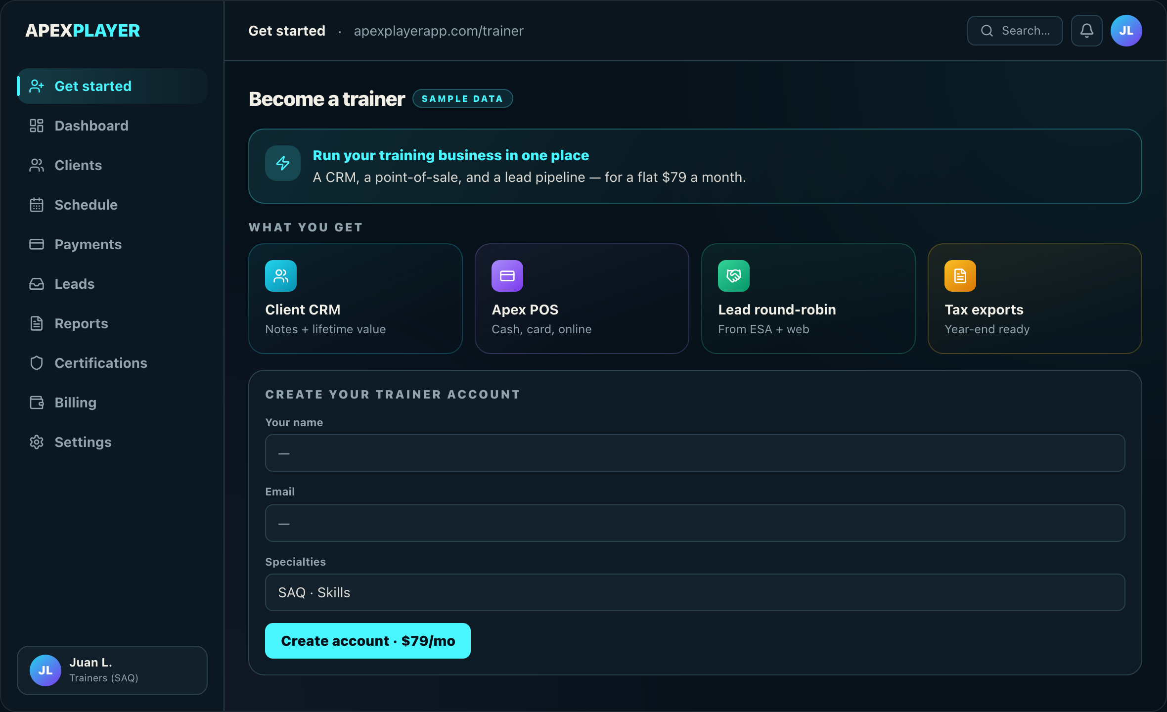 Become a trainer — sample screen